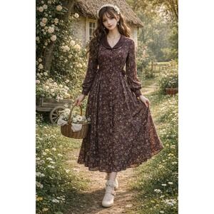 Cottagecore Tradwife Office Y2K 90s Burgundy Floral Buttons 6 Petite Midi Dress